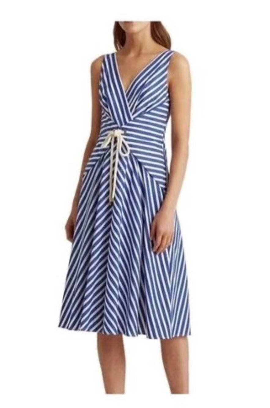 NWT Ralph Lauren striped blue white midi dress Cotton Rope Tie Nautical Preppy 8